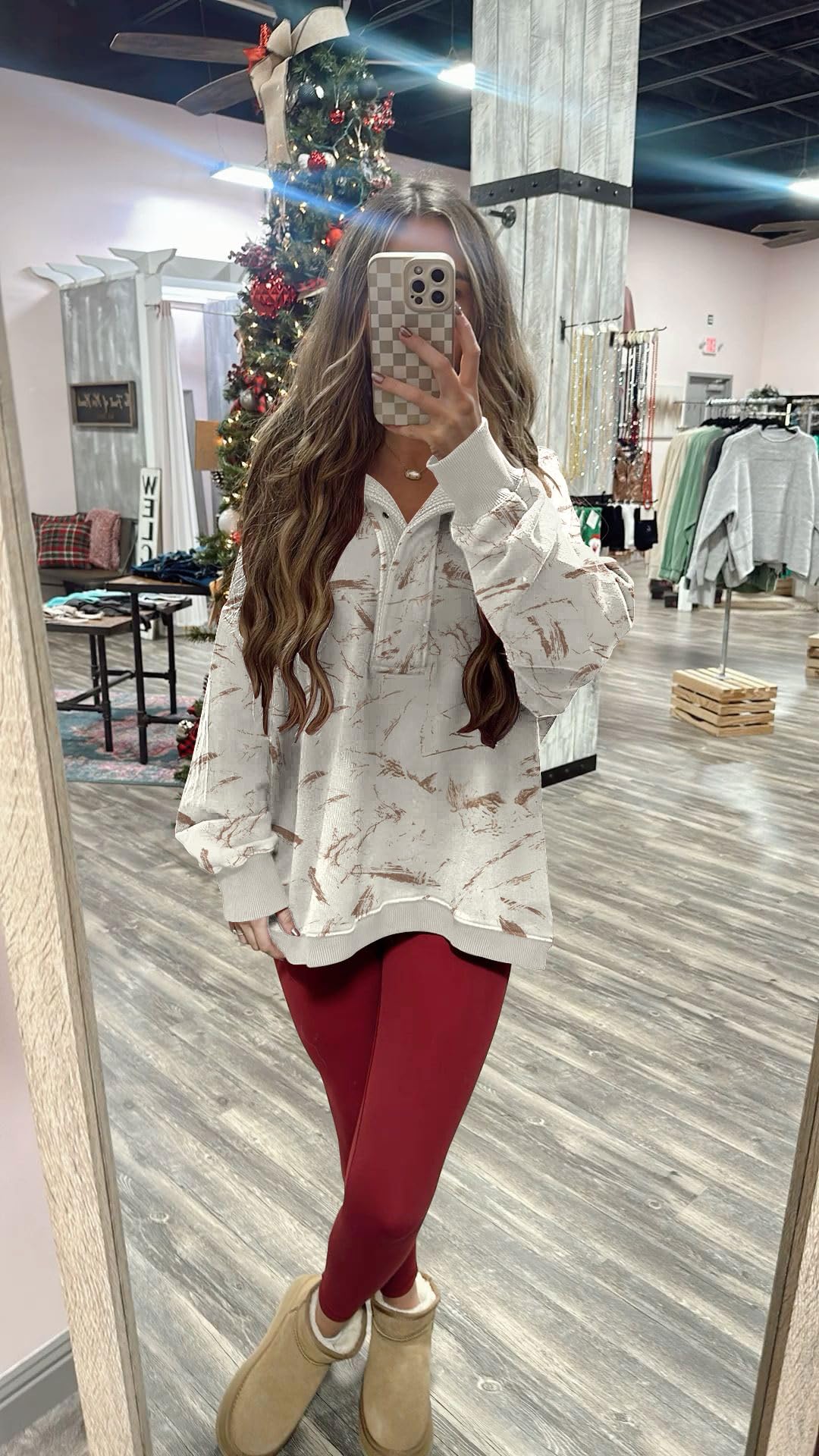 Soesdemo Oversized Sweatshirts for Women No Hood Mock Neck Fleece Lined Waffle Long Sleeve Button Pullover Tunic Sweatshirt