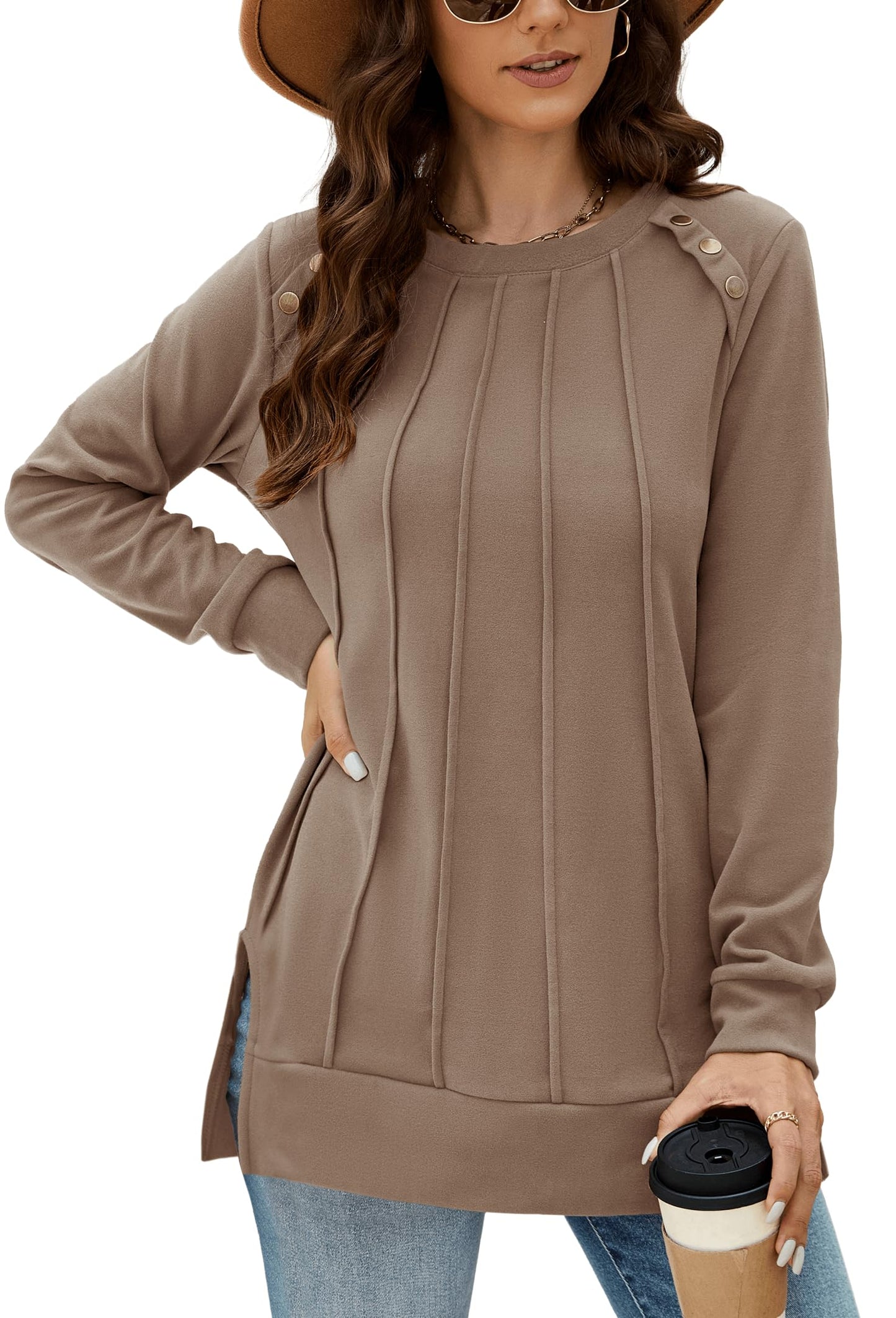 Odosalii Womens Long Sleeve Tops Crewneck Sweatshirts Pleated Front Sweaters Plain Shirts Trendy Side Split Fall Outfits