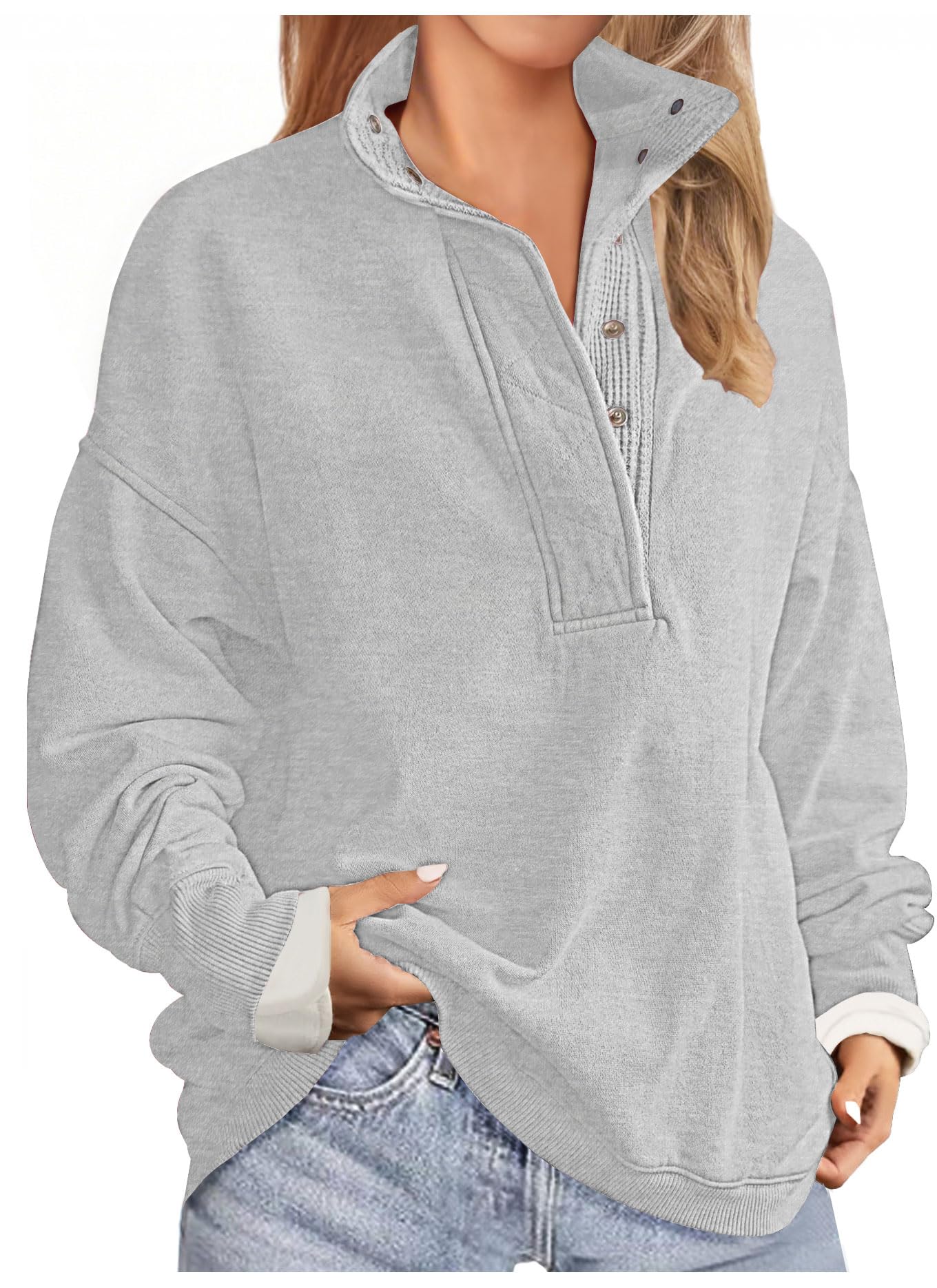 Soesdemo Oversized Sweatshirts for Women No Hood Mock Neck Fleece Lined Waffle Long Sleeve Button Pullover Tunic Sweatshirt