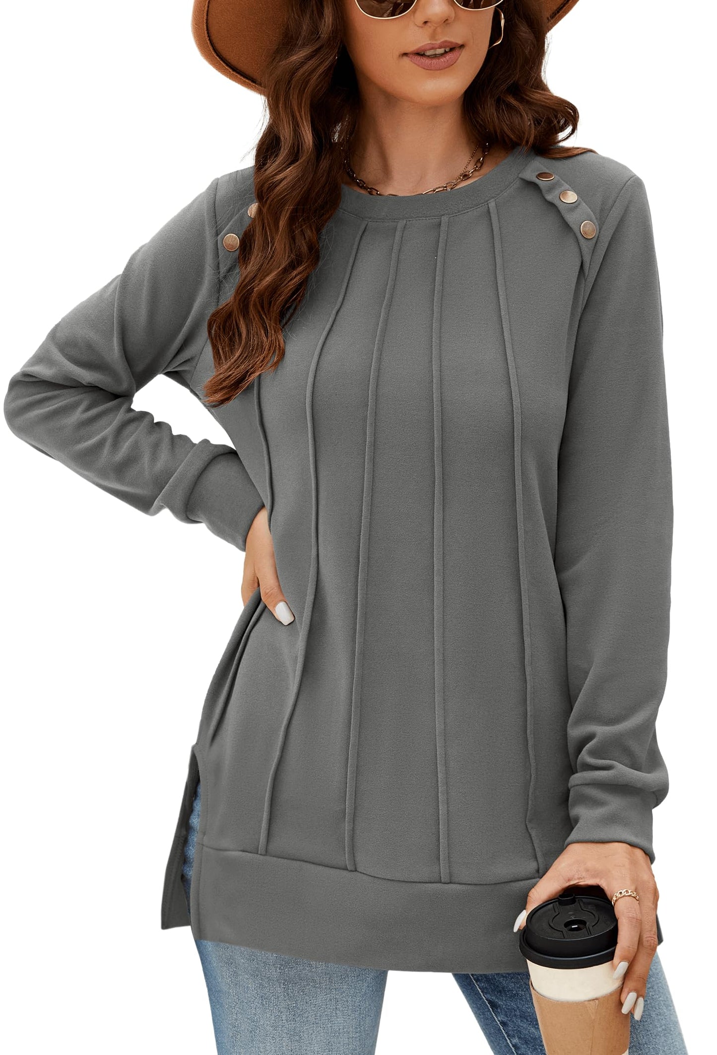 Odosalii Womens Long Sleeve Tops Crewneck Sweatshirts Pleated Front Sweaters Plain Shirts Trendy Side Split Fall Outfits