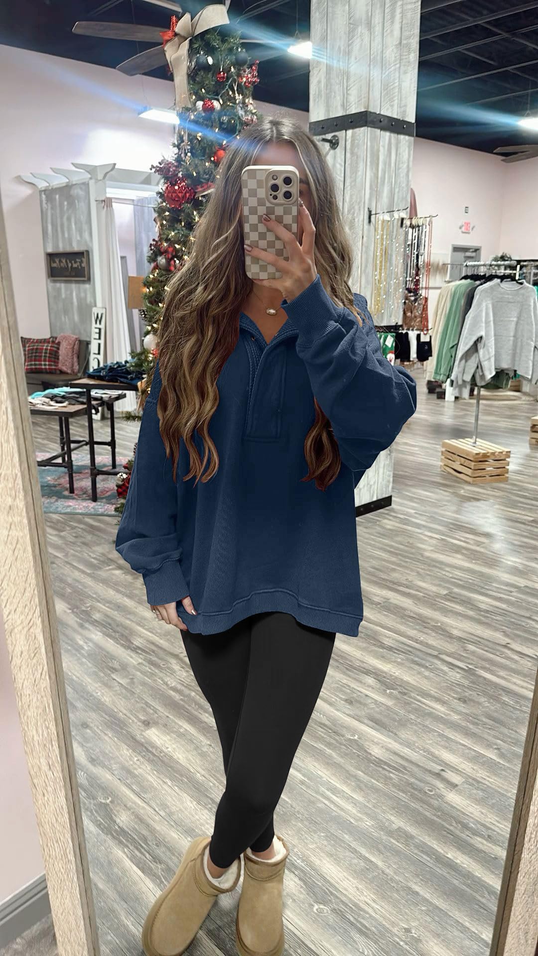 Soesdemo Oversized Sweatshirts for Women No Hood Mock Neck Fleece Lined Waffle Long Sleeve Button Pullover Tunic Sweatshirt