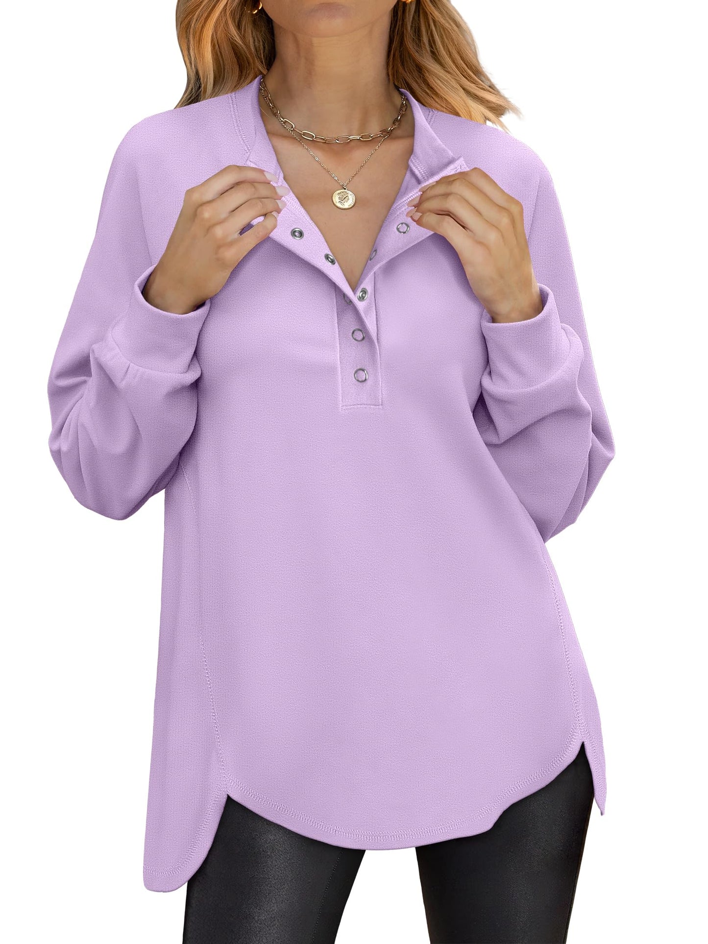 ANRABESS Women's Long Sleeve Henley Tops Tunic Sweatshirt Loose Slit Casual Button Shirts Pullover 2025 Fall Winter Outfits