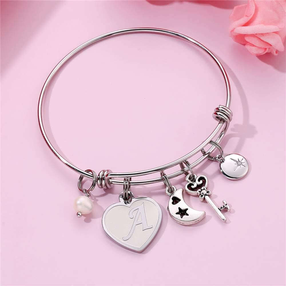 Initial Charm Bracelets for Women Gifts - Engraved 26 Letters Initial Charms Bracelet Stainless Steel Bangle Bracelet Birthday Christmas Jewelry Gift for Women Teen Girls