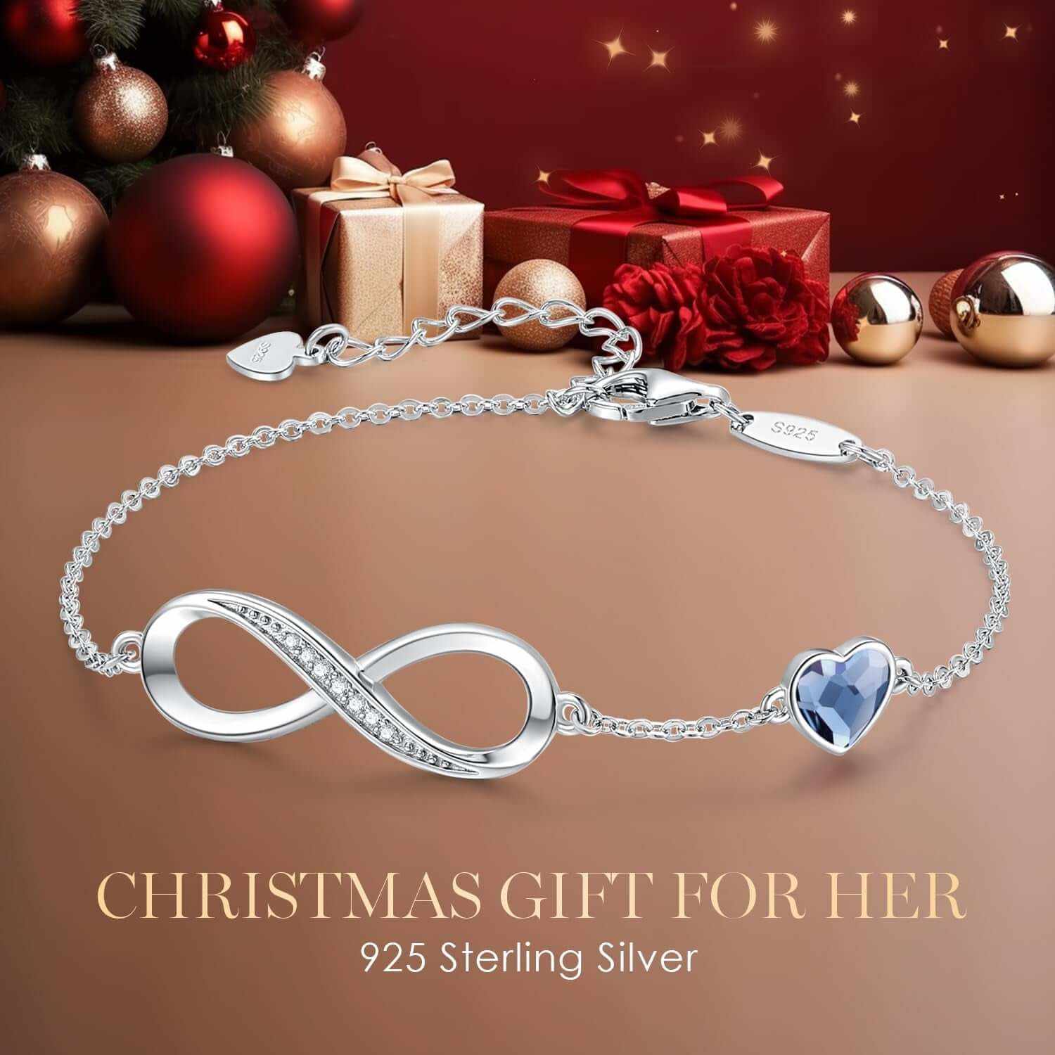 Infinity Heart Birthstone Charm Link Bracelet for Women 925 Sterling Silver Adjustable Mother&