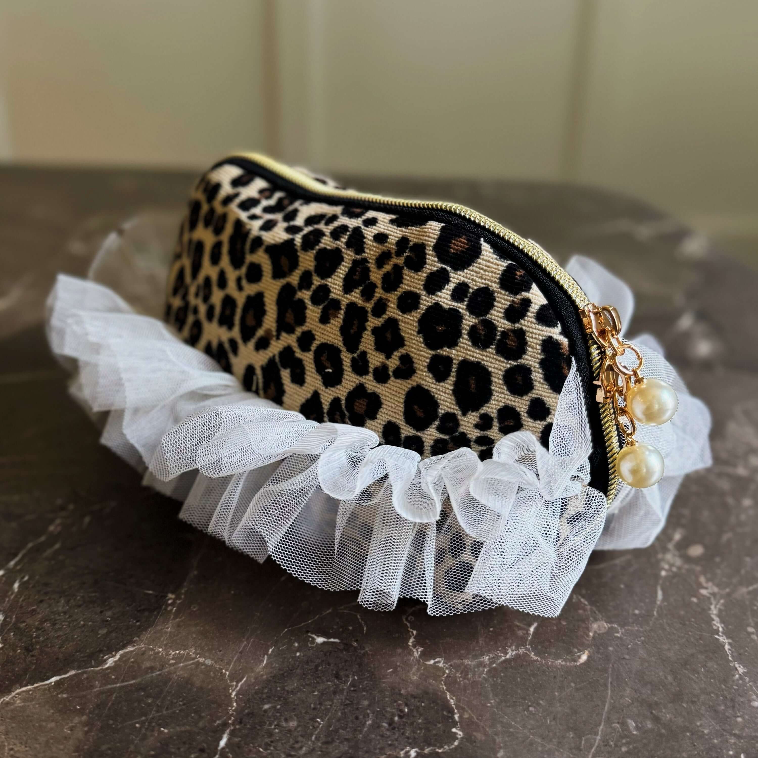 Tulle Laced Leopard Cosmetic Case – Sassy & Feminine Pouch for Makeup, Travel, or Everyday Use