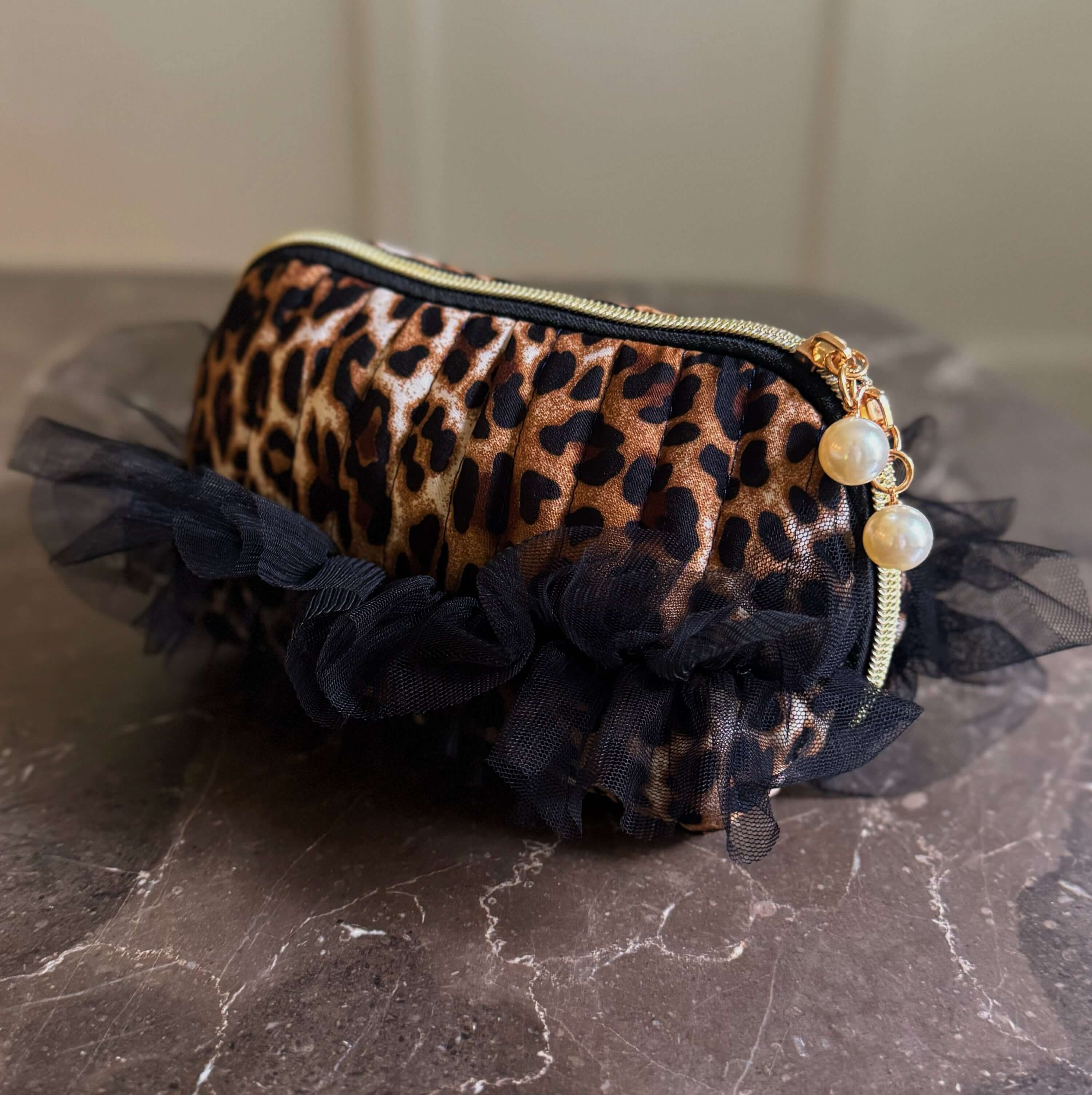 Tulle Laced Leopard Cosmetic Case – Sassy & Feminine Pouch for Makeup, Travel, or Everyday Use