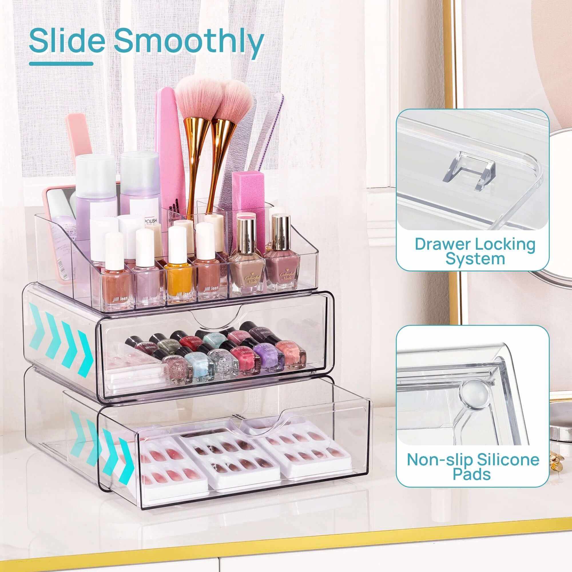 4 Tier Clear Makeup Organizer with Drawer, Plastic Cosmetic Storage, Beauty Holder