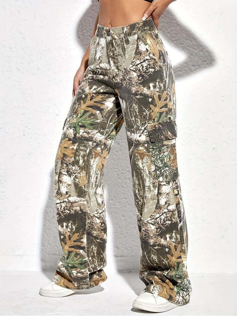 【Rvesoi】Women Camouflage Cargo Pants Straight Wide Leg Trousers Jeans with Pockets Casual Jean