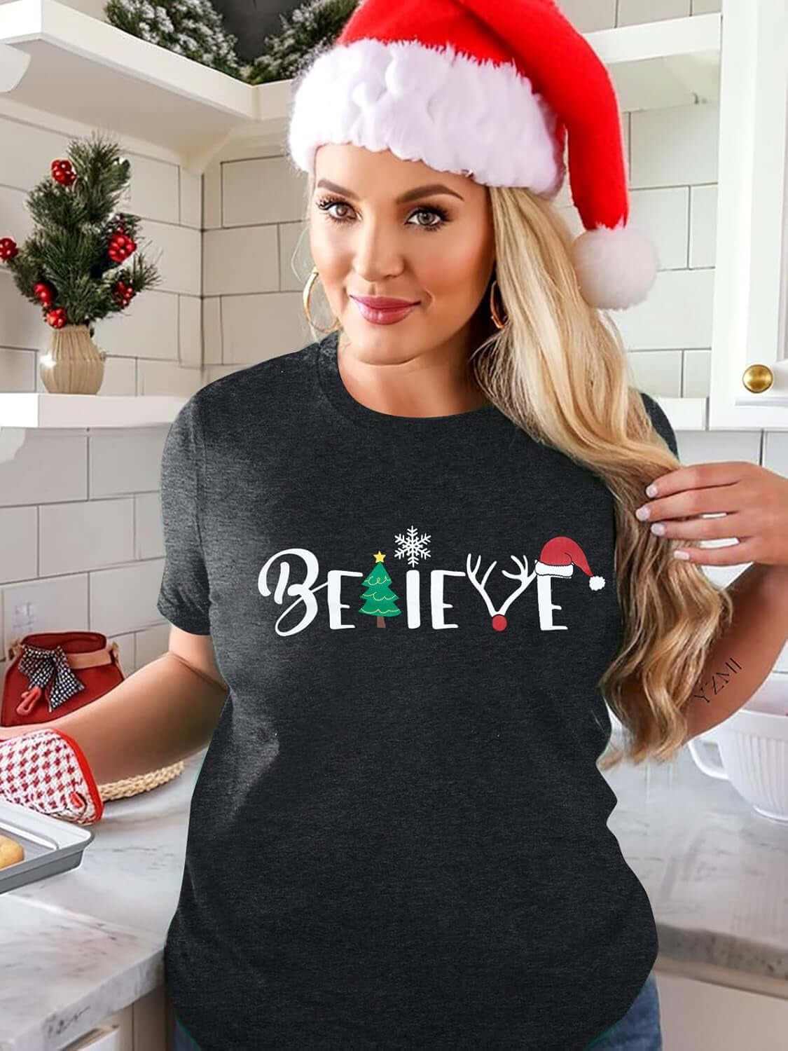 Christmas Shirt for Women Believe Letter Print T Shirts Asual Retro Holiday Short Sleeve Pullover Tops Xmas Gift