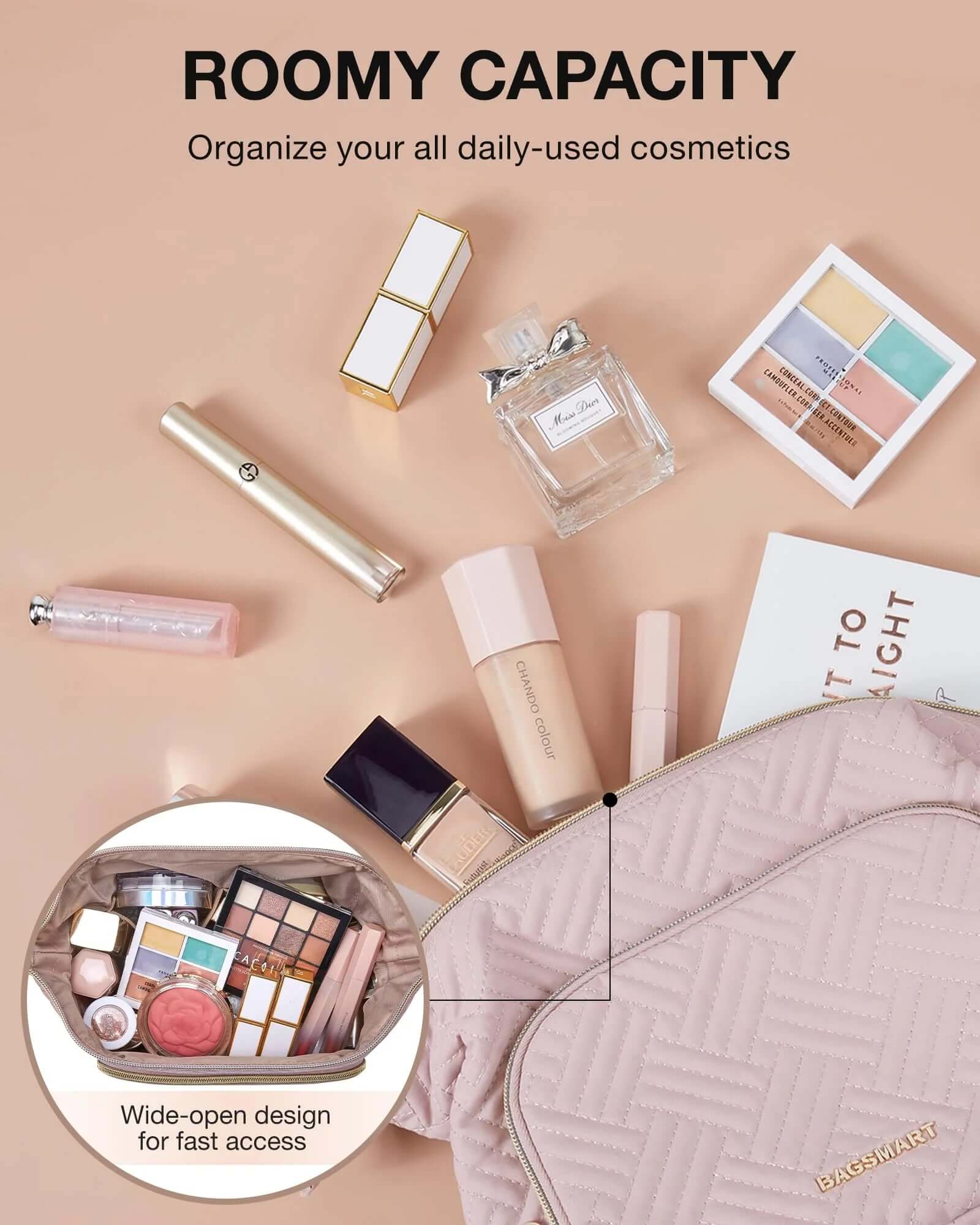 Makeup Bag Cosmetic Pouch, Large Capacity Toiletry Bag Travel Organizer Case for Lipsticks Electonic Accessories, Waterproof Portable, Multifunction, Pink