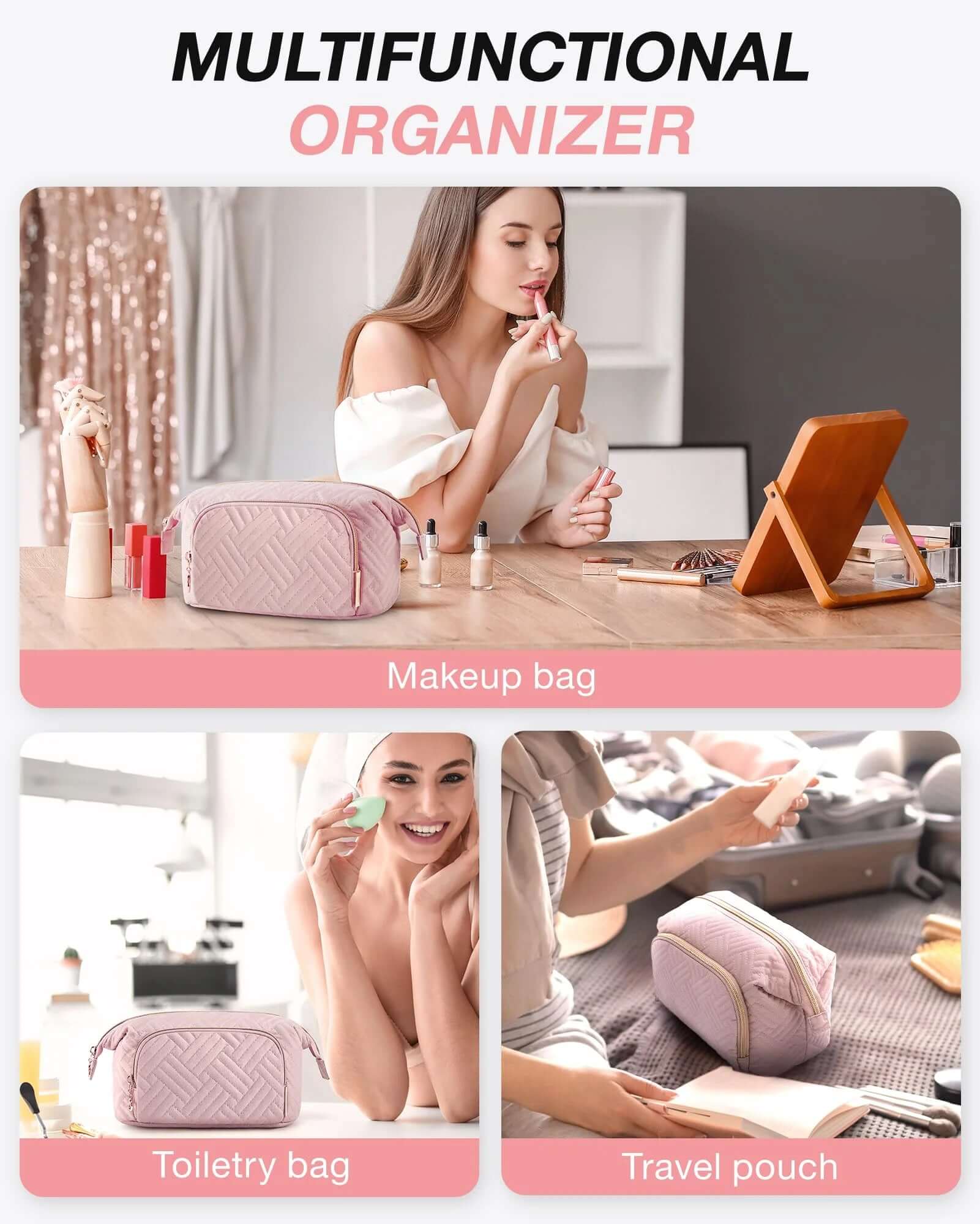 Makeup Bag Cosmetic Pouch, Large Capacity Toiletry Bag Travel Organizer Case for Lipsticks Electonic Accessories, Waterproof Portable, Multifunction, Pink