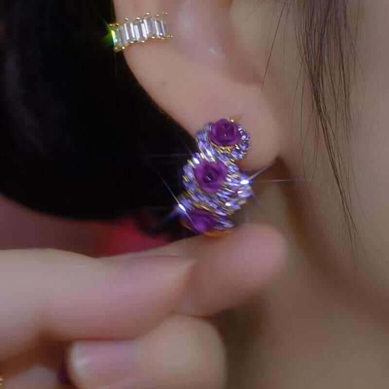 French Purple Rose Earrings for Women, Romantic Chic Jewelry, Luxury Elegant Statement Hoops 2025 Trend