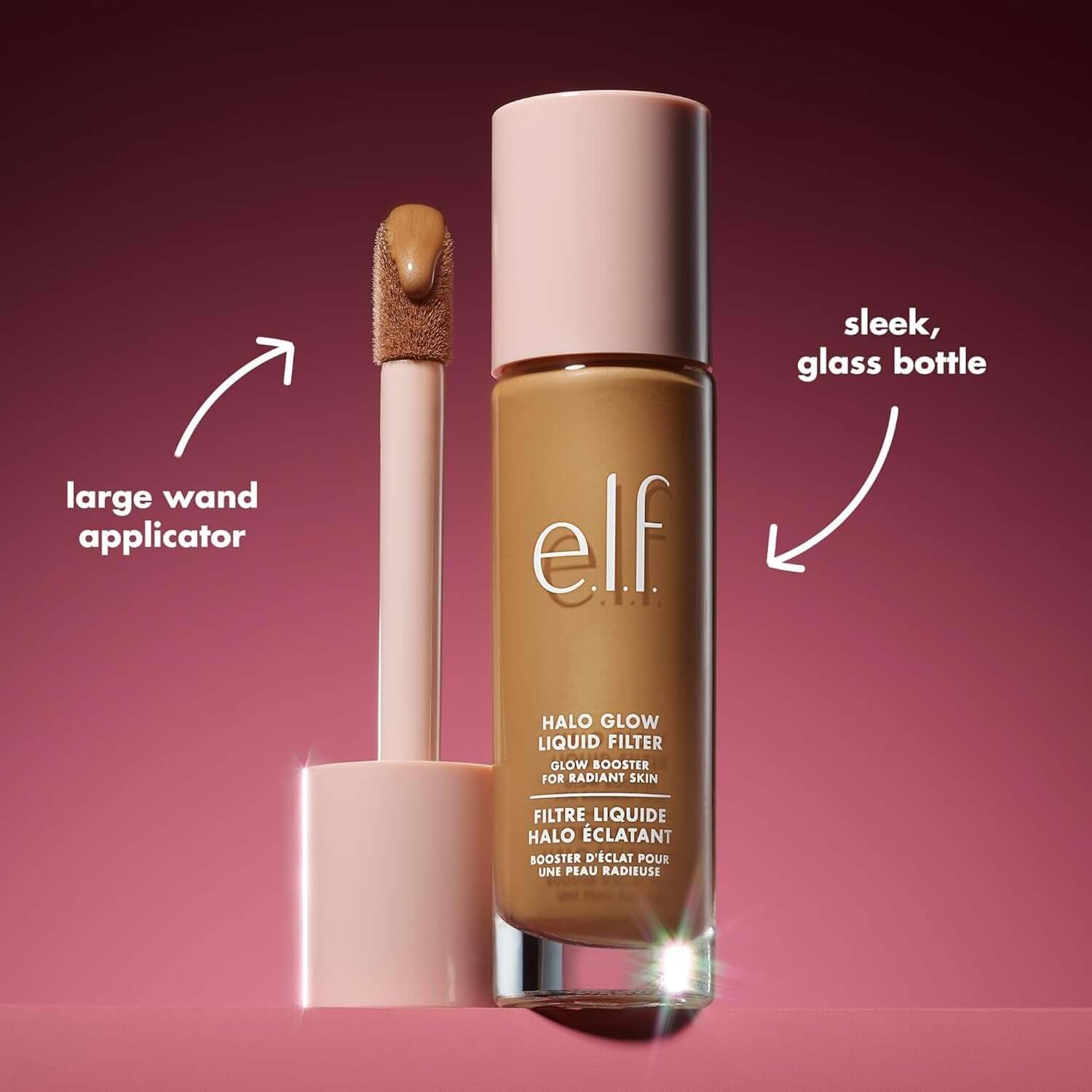 Vegan And Clean Beauty Picks e.l.f. Halo Glow Liquid Filter in sleek glass bottle with large wand applicator.