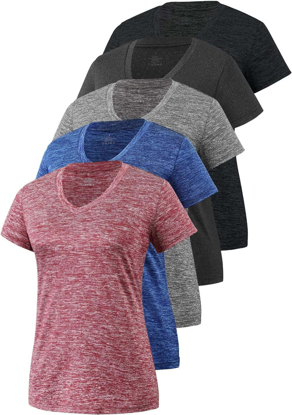 Comfortable activewear collection featuring a variety of v-neck t-shirts in different colors and styles.
