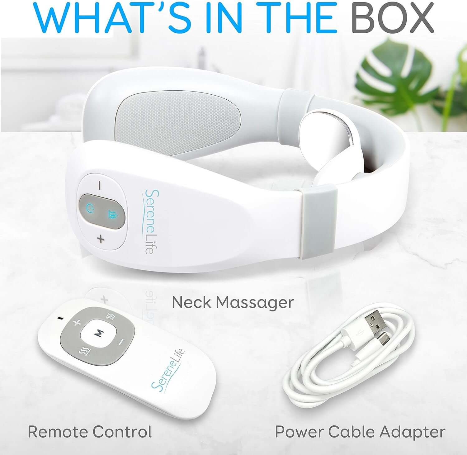 Neck massager, remote control, and power cable adapter included in the Wellness collection for body recovery.