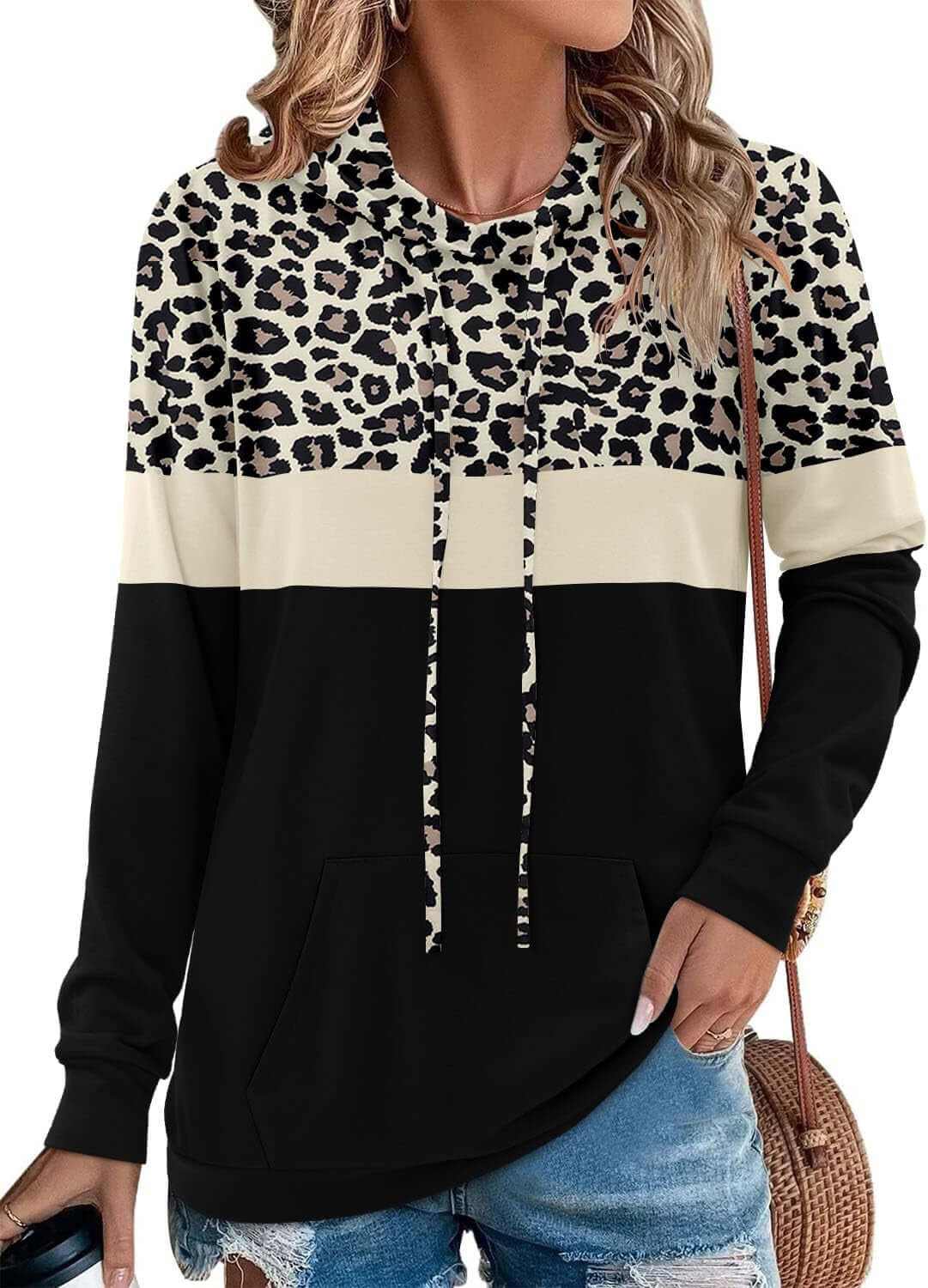 Hoodies for Women Camo Leopard Print Tops Pullover Hooded Sweatshirt Drawstring with Pocket