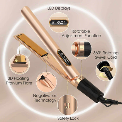 Flat Iron Hair Straightener, Hair Straighteners for Women, Ionic Curling Iron, Gold