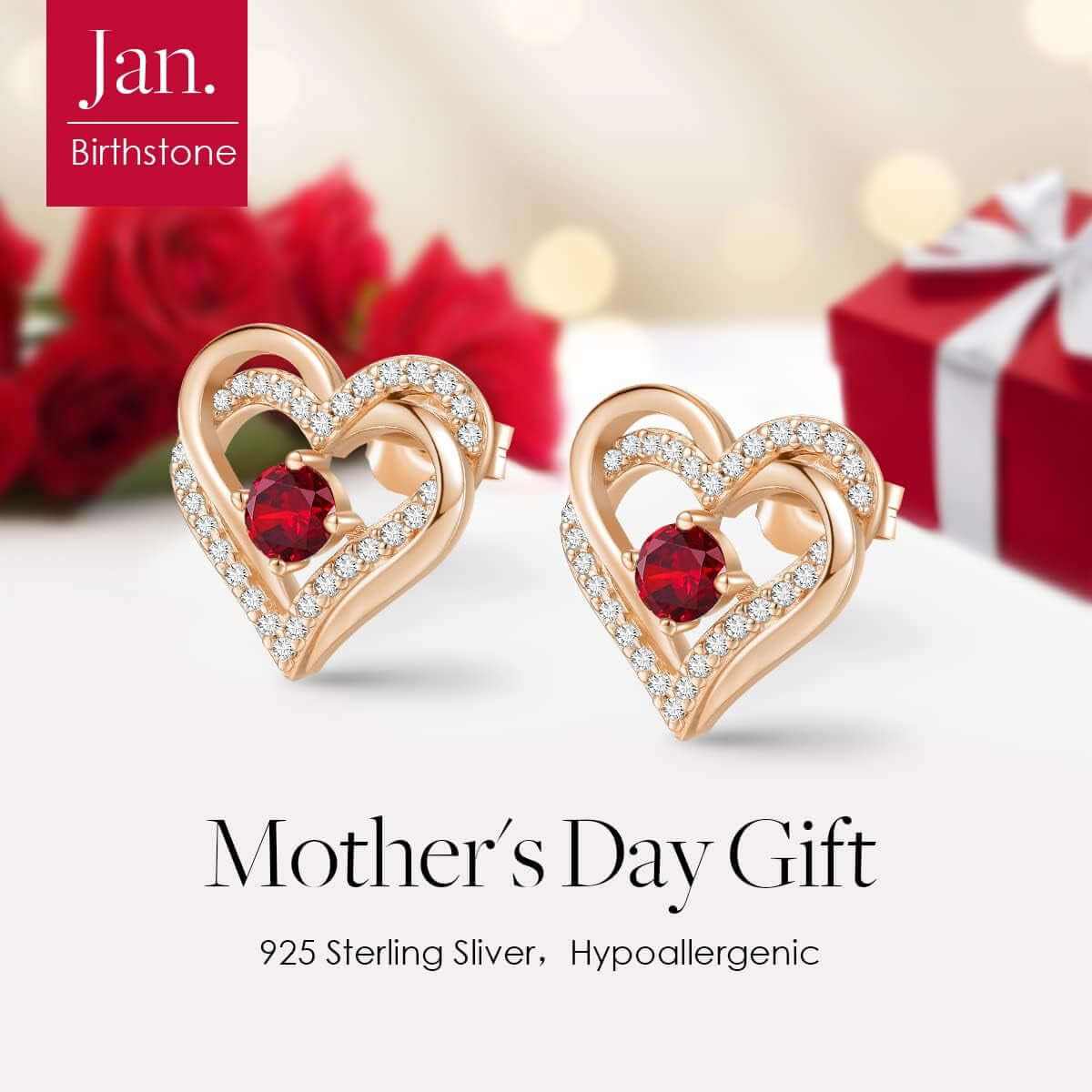 Forever Love Heart Stud Earrings for Women, 925 Sterling Silver Birthstone Heart Stud Earrings Mother&