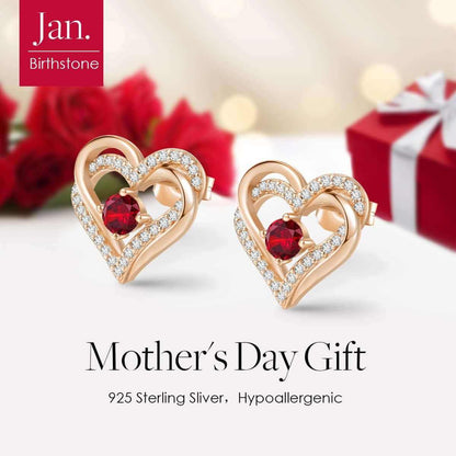 Forever Love Heart Stud Earrings for Women, 925 Sterling Silver Birthstone Heart Stud Earrings Mother&