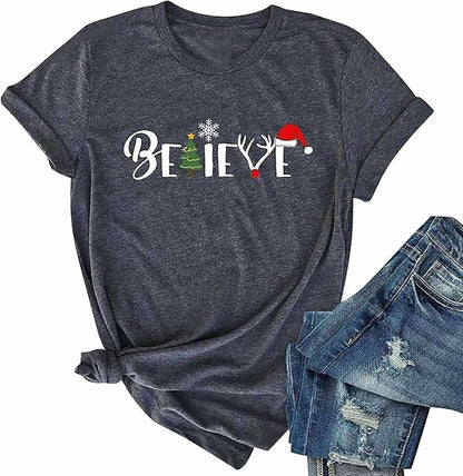 Christmas Shirt for Women Believe Letter Print T Shirts Asual Retro Holiday Short Sleeve Pullover Tops Xmas Gift
