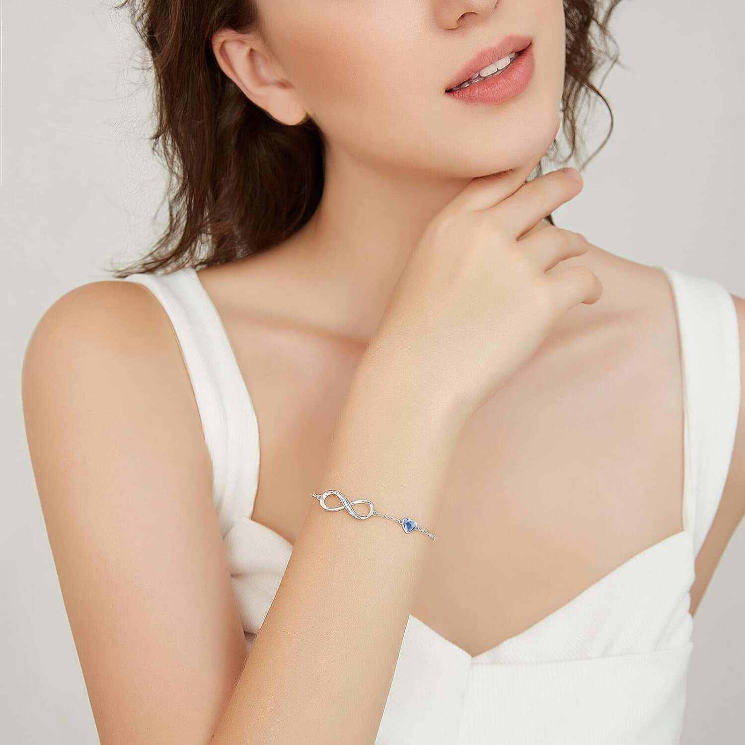 Infinity Heart Birthstone Charm Link Bracelet for Women 925 Sterling Silver Adjustable Mother&