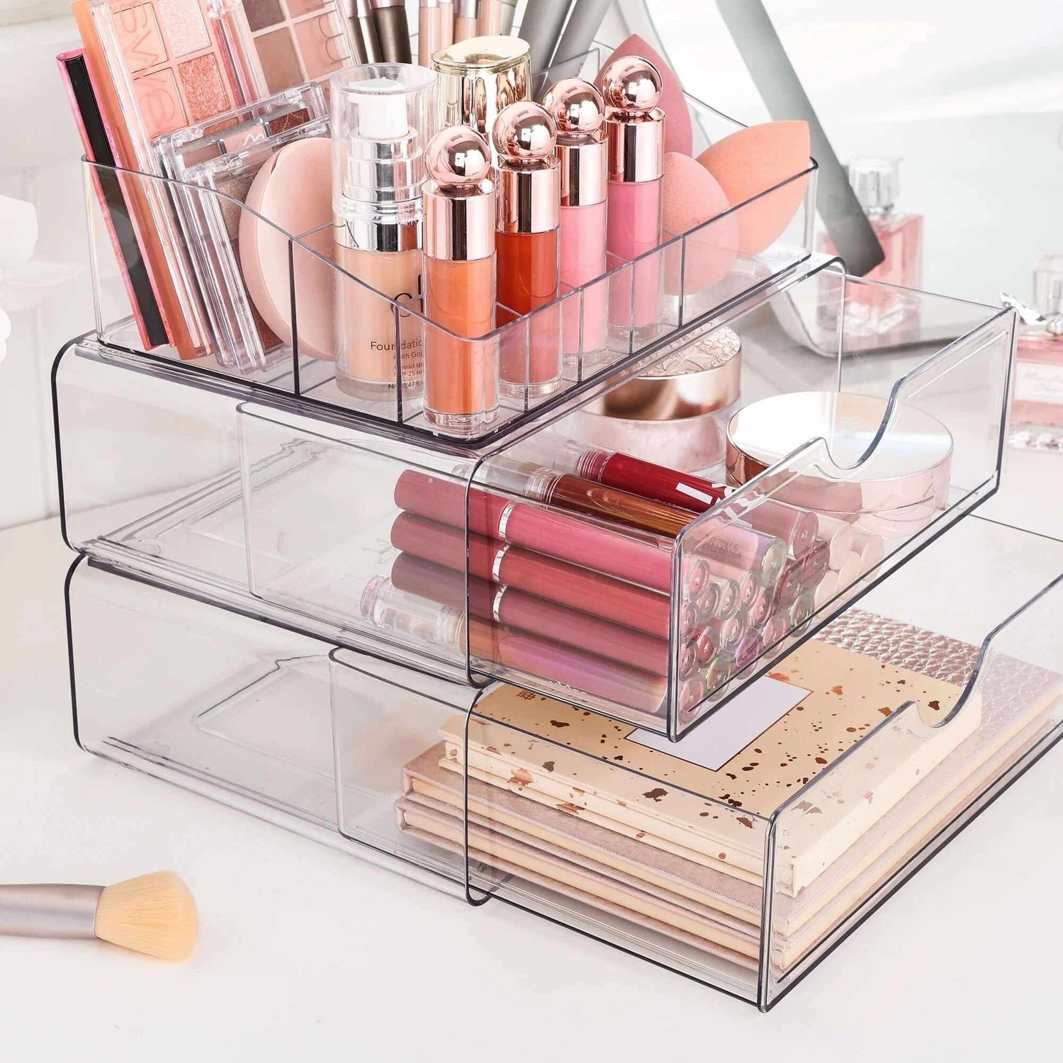 4 Tier Clear Makeup Organizer with Drawer, Plastic Cosmetic Storage, Beauty Holder
