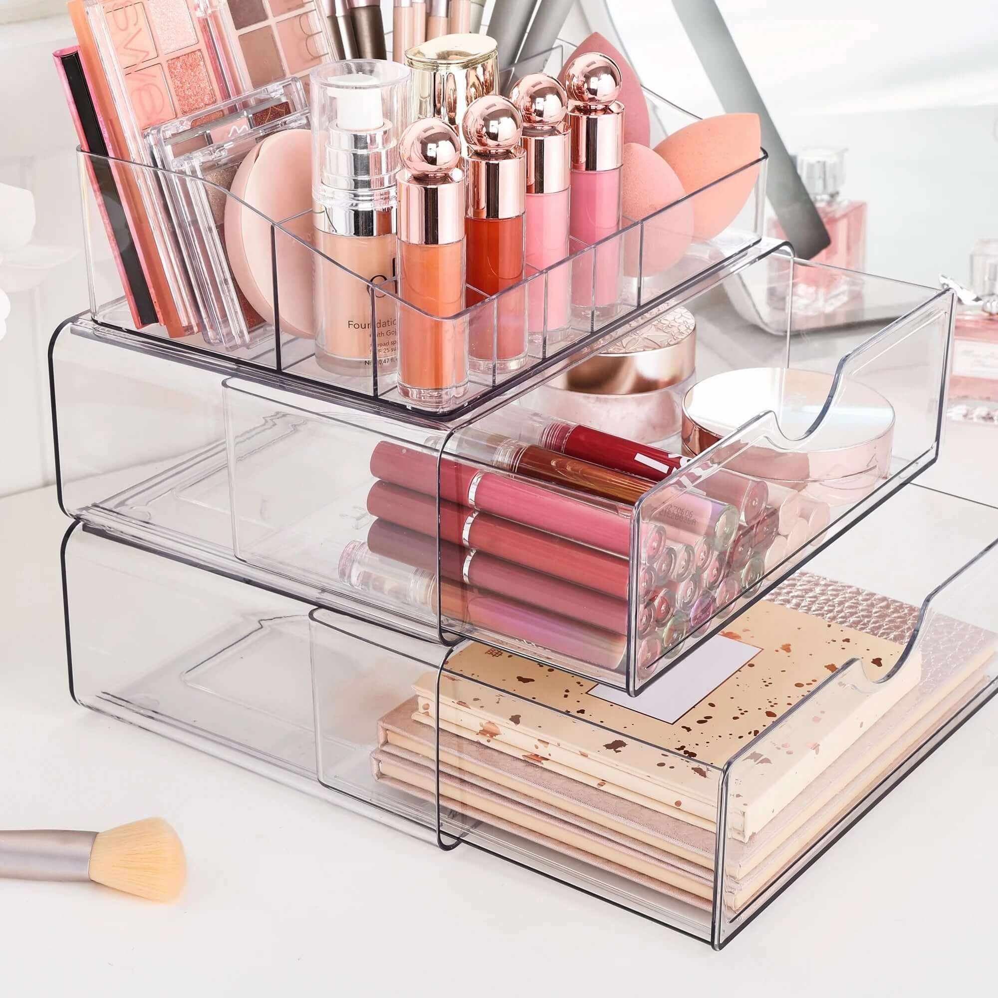 4 Tier Clear Makeup Organizer with Drawer, Plastic Cosmetic Storage, Beauty Holder