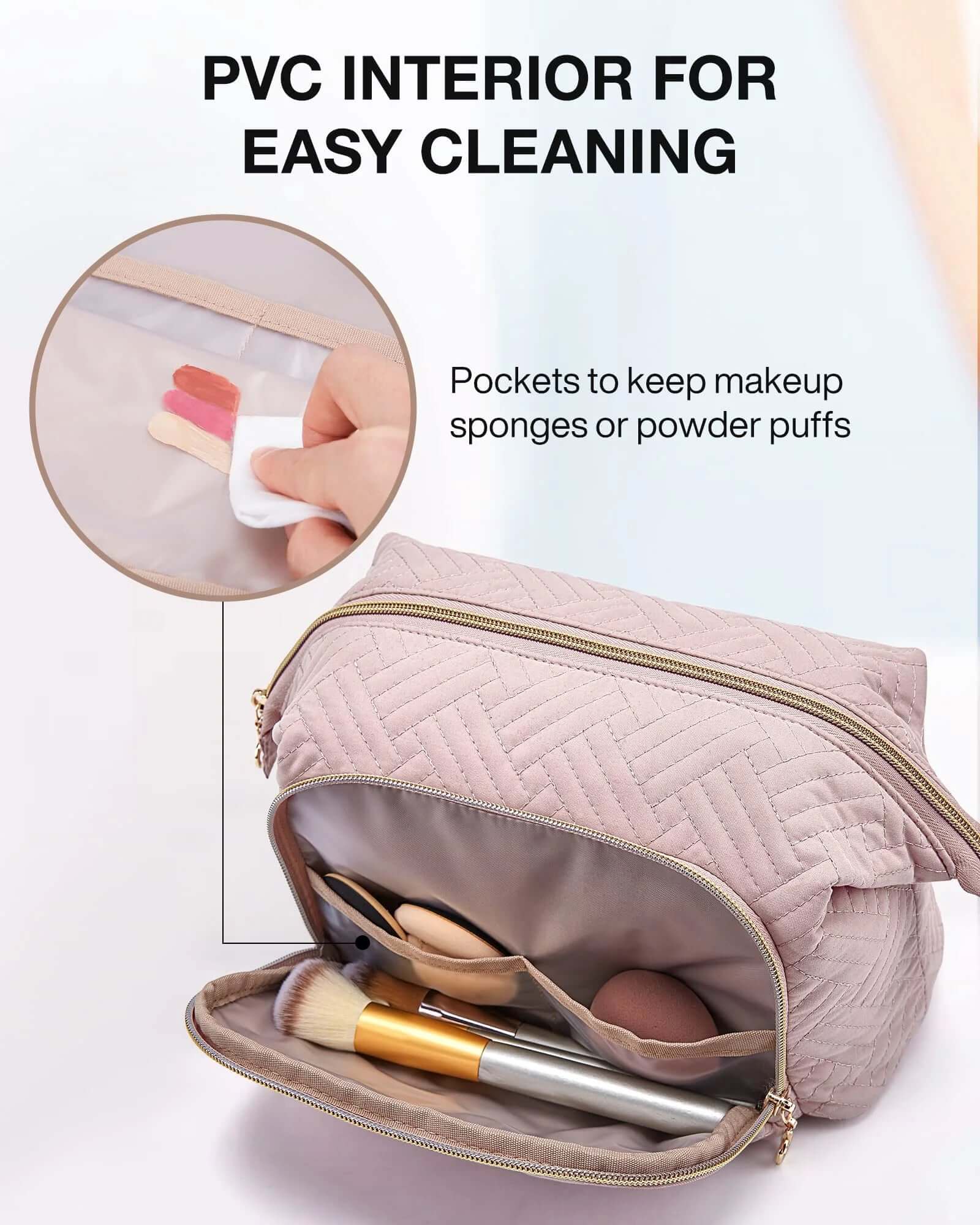 Makeup Bag Cosmetic Pouch, Large Capacity Toiletry Bag Travel Organizer Case for Lipsticks Electonic Accessories, Waterproof Portable, Multifunction, Pink