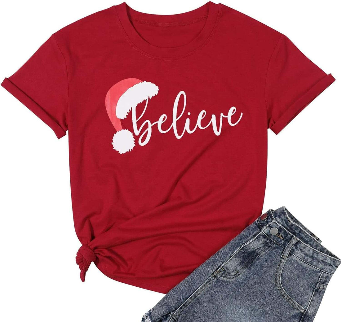 Christmas Shirt for Women Believe Letter Print T Shirts Asual Retro Holiday Short Sleeve Pullover Tops Xmas Gift