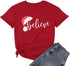 Christmas Shirt for Women Believe Letter Print T Shirts Asual Retro Holiday Short Sleeve Pullover Tops Xmas Gift