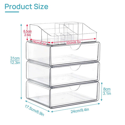 4 Tier Clear Makeup Organizer with Drawer, Plastic Cosmetic Storage, Beauty Holder