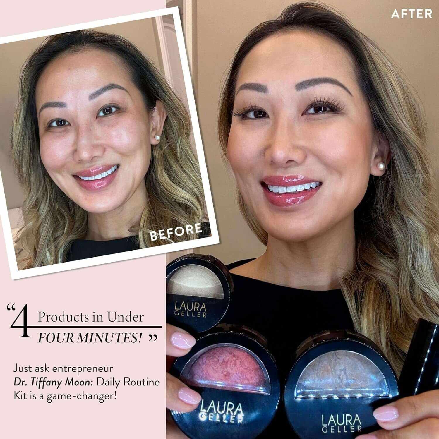 Daily Routine Kit (4 PC): Baked Balance-N-Brighten Foundation, Sand + Retractable Kabuki Brush + Blush-N-Brighten, Tropic Hues + Original Baked Highlighter, French Vanilla