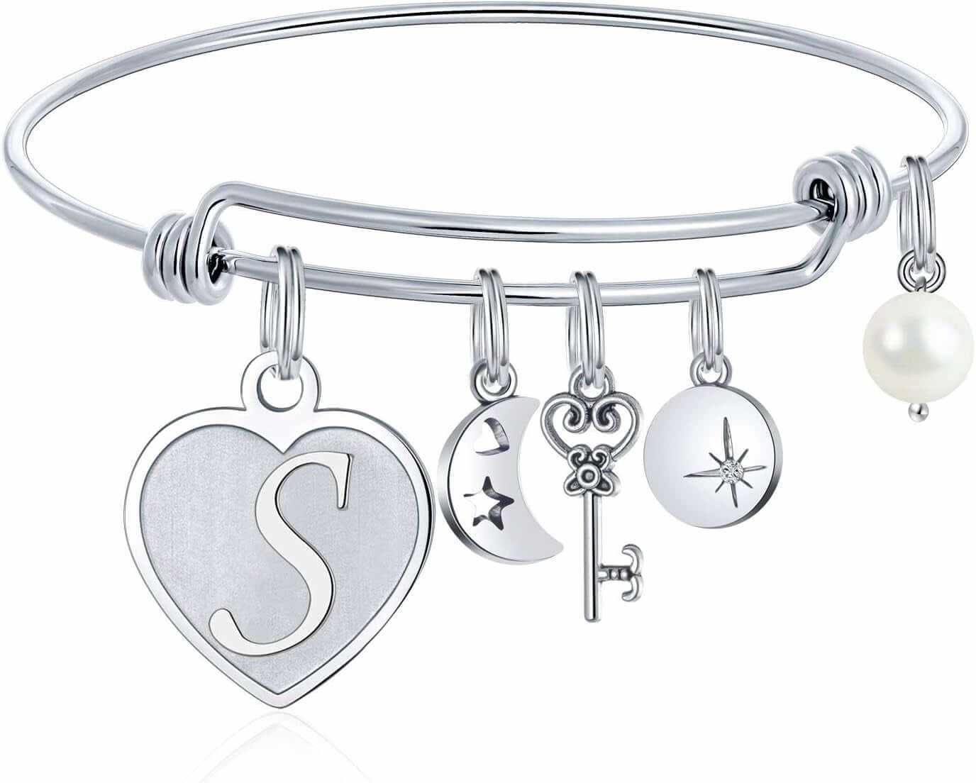 Initial Charm Bracelets for Women Gifts - Engraved 26 Letters Initial Charms Bracelet Stainless Steel Bangle Bracelet Birthday Christmas Jewelry Gift for Women Teen Girls