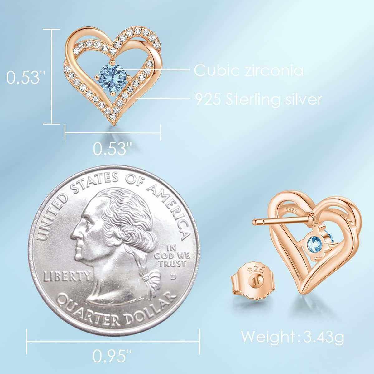 Forever Love Heart Stud Earrings for Women, 925 Sterling Silver Birthstone Heart Stud Earrings Mother&