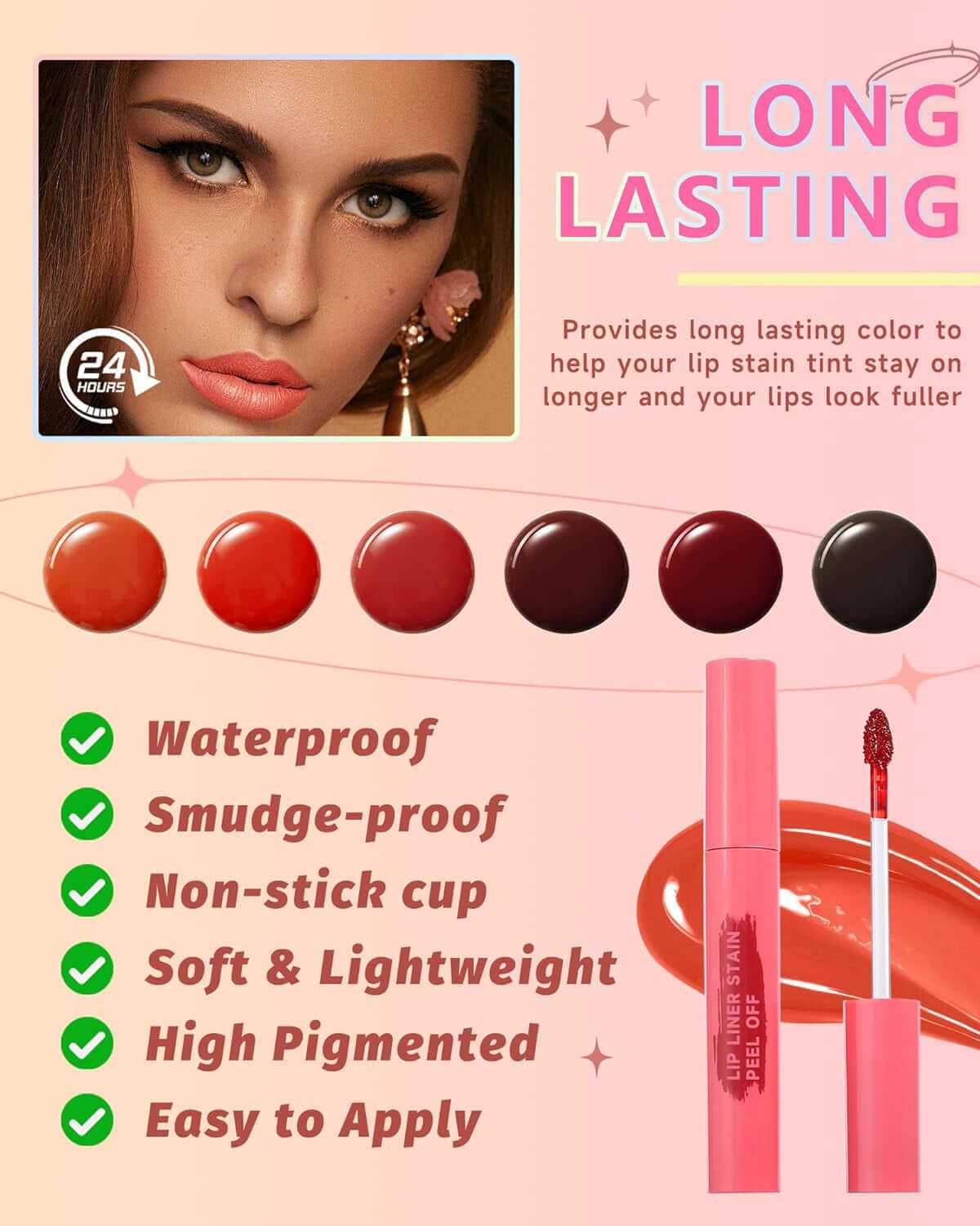 Peel off Lip Liner Stain Set, 2Pcs Waterproof Lip Tattoo Peel off Lip Tint Stain, Long Lasting Transfer-Proof Non Stick, Matte Finish High Pigmented Color Peel &amp; Reveal Lips Gloss Makeup for Women-3,4