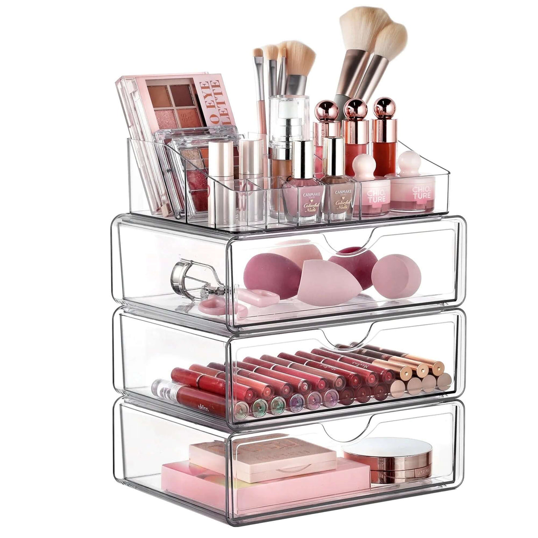 4 Tier Clear Makeup Organizer with Drawer, Plastic Cosmetic Storage, Beauty Holder