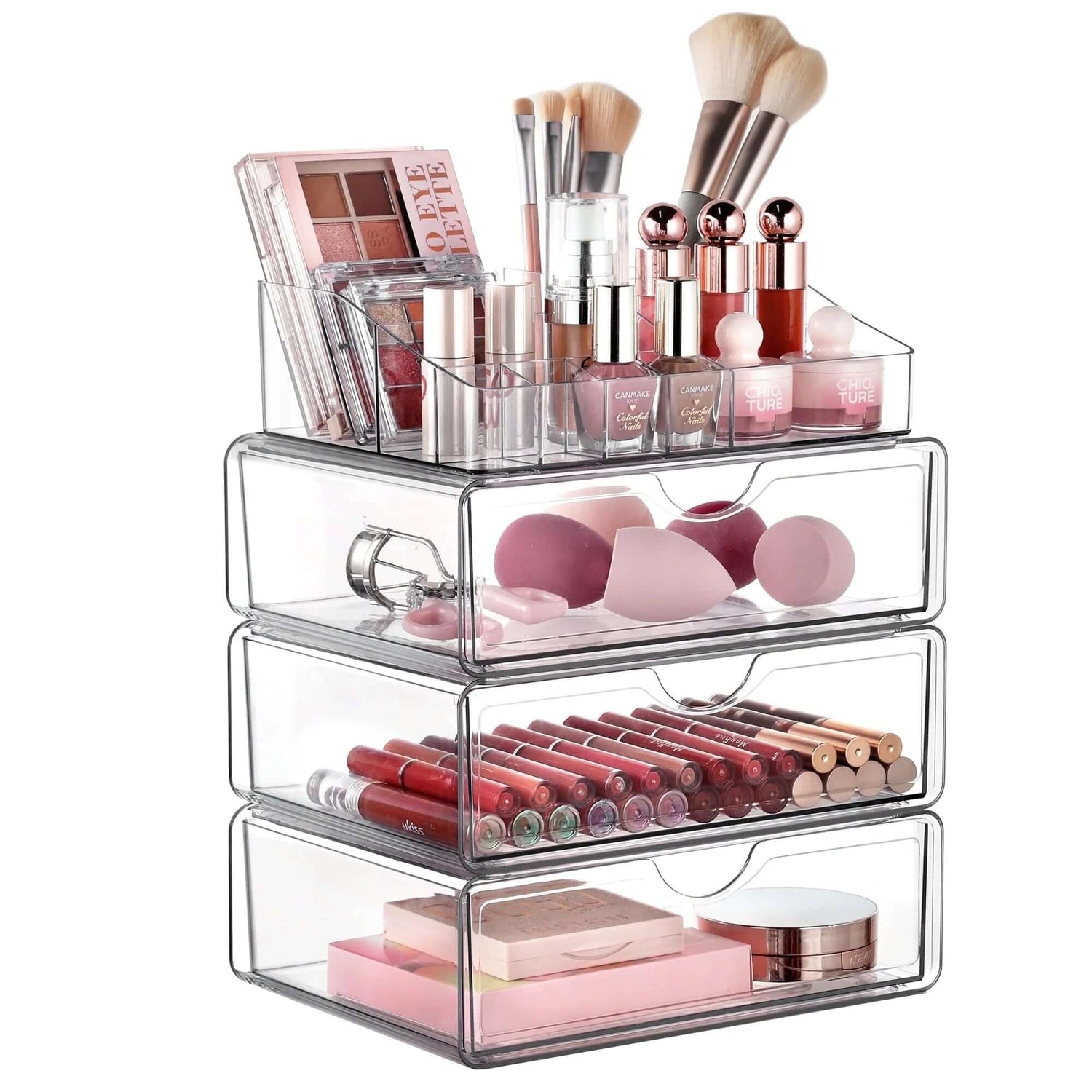 4 Tier Clear Makeup Organizer with Drawer, Plastic Cosmetic Storage, Beauty Holder