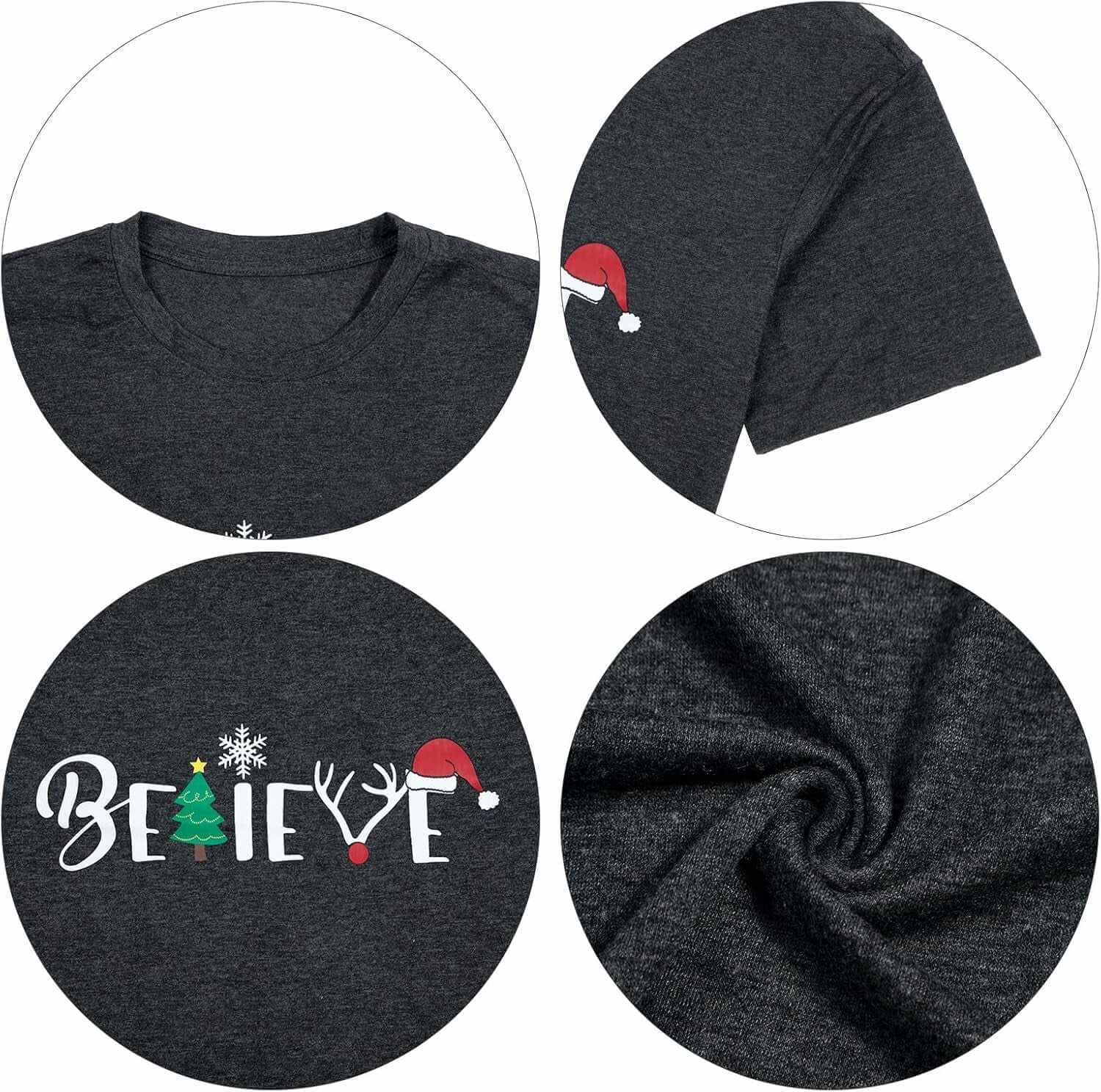 Christmas Shirt for Women Believe Letter Print T Shirts Asual Retro Holiday Short Sleeve Pullover Tops Xmas Gift