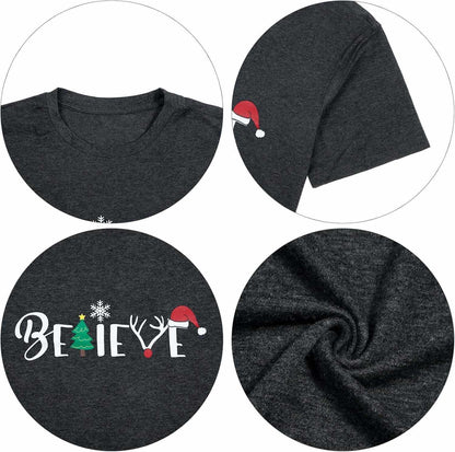 Christmas Shirt for Women Believe Letter Print T Shirts Asual Retro Holiday Short Sleeve Pullover Tops Xmas Gift