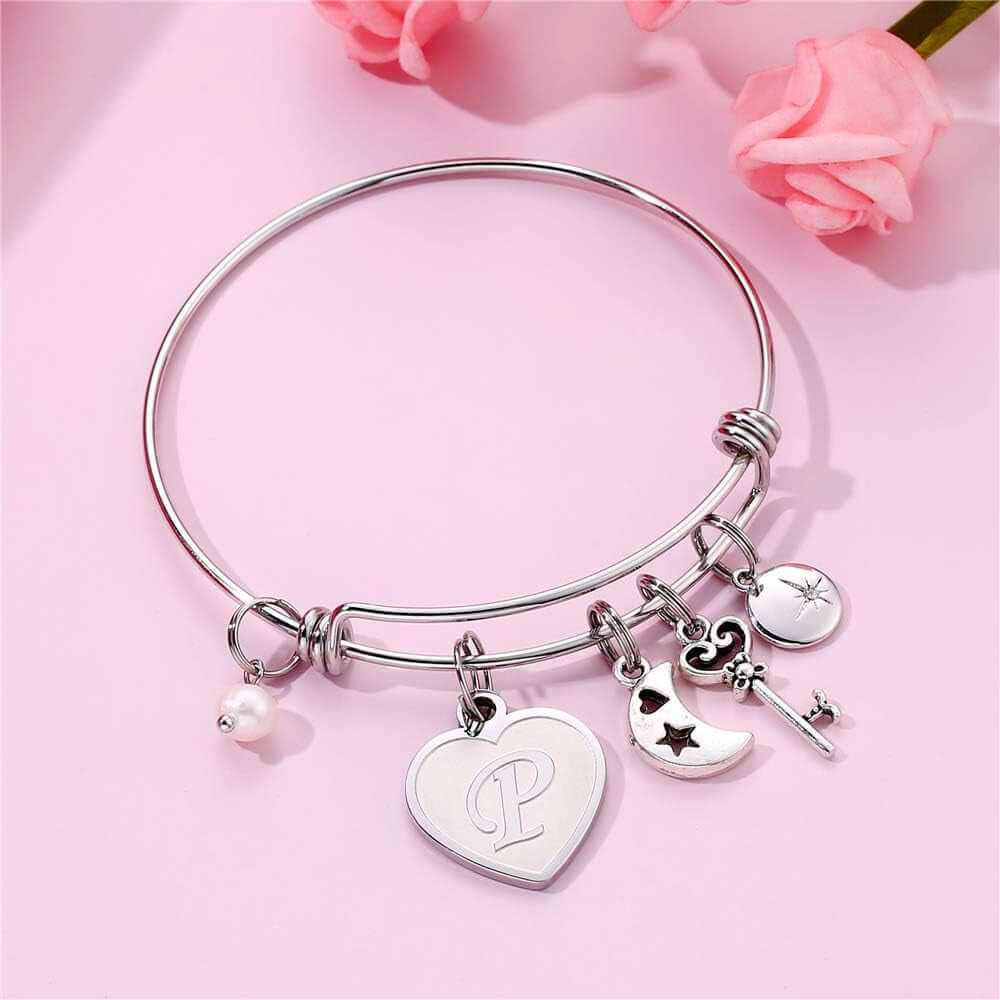 Initial Charm Bracelets for Women Gifts - Engraved 26 Letters Initial Charms Bracelet Stainless Steel Bangle Bracelet Birthday Christmas Jewelry Gift for Women Teen Girls