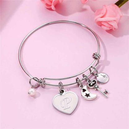 Initial Charm Bracelets for Women Gifts - Engraved 26 Letters Initial Charms Bracelet Stainless Steel Bangle Bracelet Birthday Christmas Jewelry Gift for Women Teen Girls