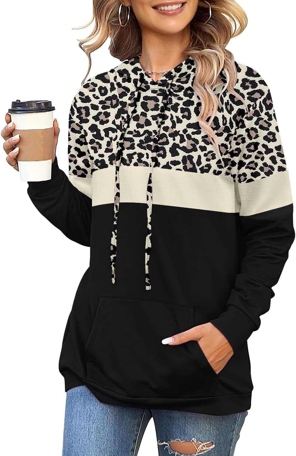 Hoodies for Women Camo Leopard Print Tops Pullover Hooded Sweatshirt Drawstring with Pocket