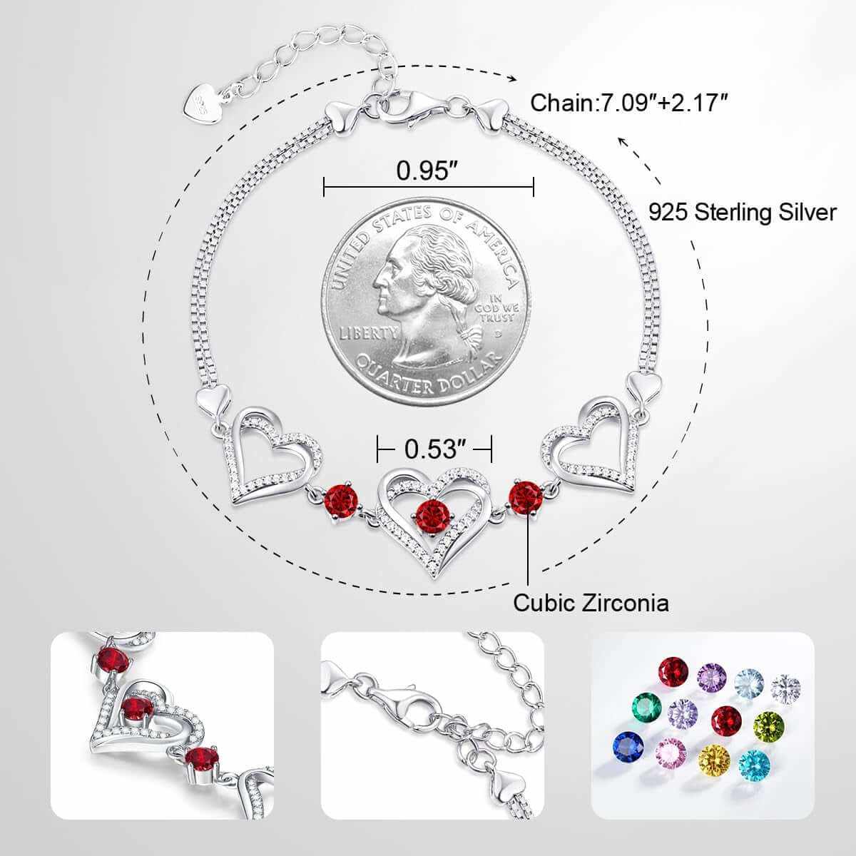 Forever Love Heart Charm Link Bracelet for Women, 925 Sterling Silver Birthstone Bracelet Mother&