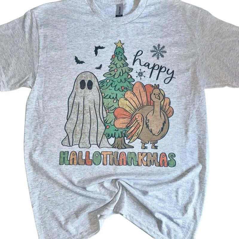 Happy Hallowthankmas Cute Unisex T-Shirt for Women - Comfortable and Stylish - Womenswear, Top Retro Christmas Halloween Shirt Ghost Christmas Shirt