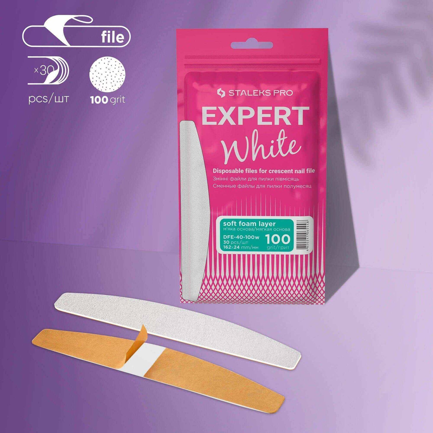 Staleks Disposable White Files for Crescent Nail File on a Soft Foam Layer EXPERT 40 100 Grit (30 Pcs)