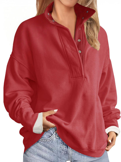 Soesdemo Oversized Sweatshirts for Women No Hood Mock Neck Fleece Lined Waffle Long Sleeve Button Pullover Tunic Sweatshirt