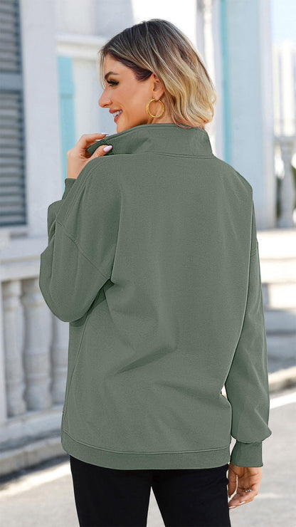 Soesdemo Oversized Sweatshirts for Women No Hood Mock Neck Fleece Lined Waffle Long Sleeve Button Pullover Tunic Sweatshirt