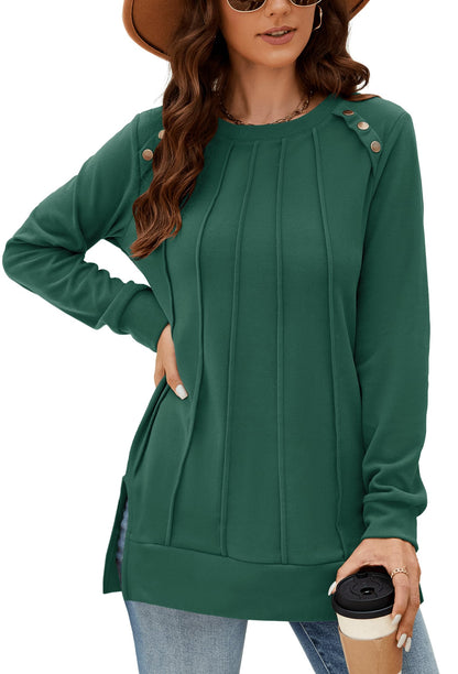 Odosalii Womens Long Sleeve Tops Crewneck Sweatshirts Pleated Front Sweaters Plain Shirts Trendy Side Split Fall Outfits