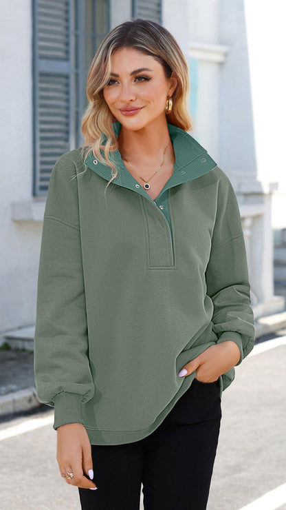 Soesdemo Oversized Sweatshirts for Women No Hood Mock Neck Fleece Lined Waffle Long Sleeve Button Pullover Tunic Sweatshirt