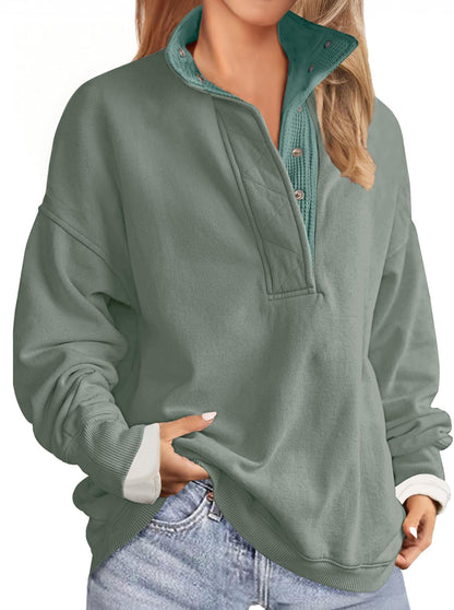 Soesdemo Oversized Sweatshirts for Women No Hood Mock Neck Fleece Lined Waffle Long Sleeve Button Pullover Tunic Sweatshirt